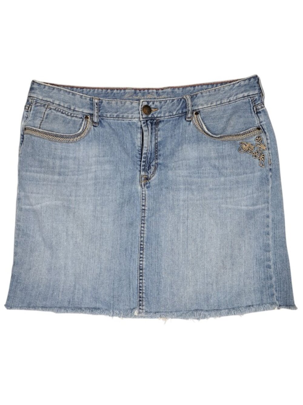 Eddie Bauer Denim Jean Mini Skirt 14 Embroidered Boho Frayed Hem Festival Short